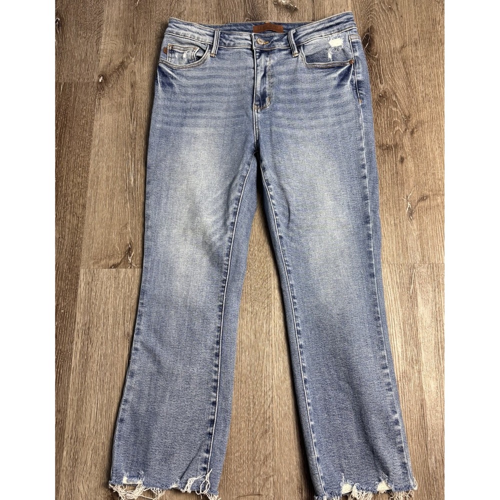 Judy Blue Kick Flare Jeans Womens 11/30 Med Wash Raw Hem Mid Rise JB88979